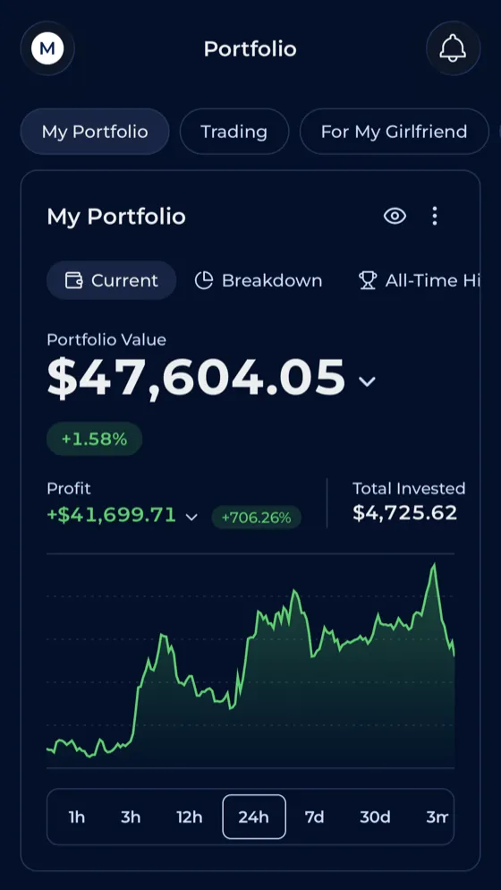 The Coinranking app showing a portfolio's value, profit and 24-hour chart