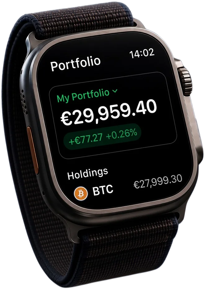 Coinranking on an Apple Watch, showing a portfolio balance, its change and a BTC holding